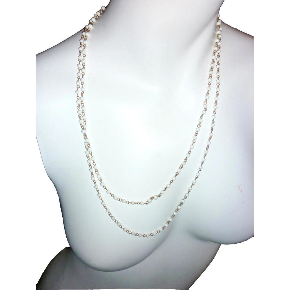 White Beaded Gold Tone Station‎ Layering Long Strand Necklace Boho Minimalist